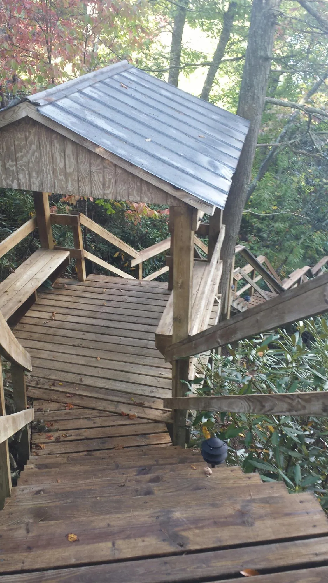 Metal roofed shelter over wooden steps on a wooded walkway — Skylight Repair & Installation work by our crew in Prattville